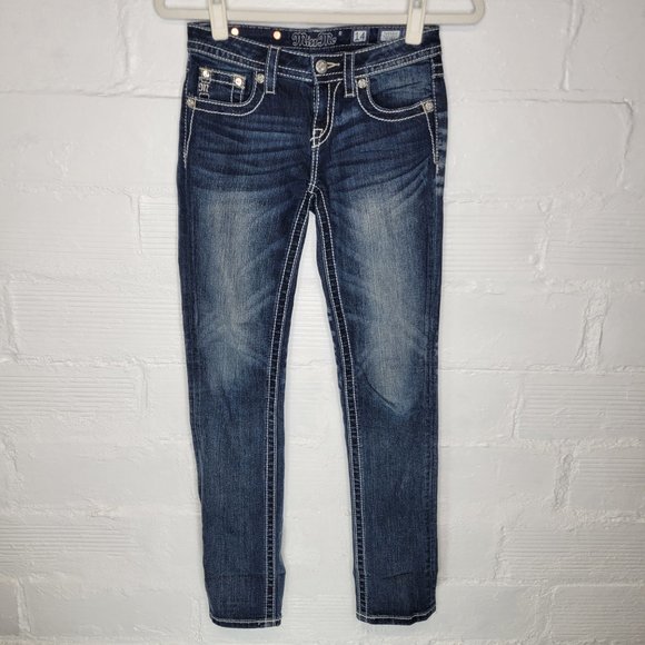 Miss Me Girl's Size 14 Jeans Skinny Fleur De Lis Studded Jewels Embroidered - Picture 1 of 7